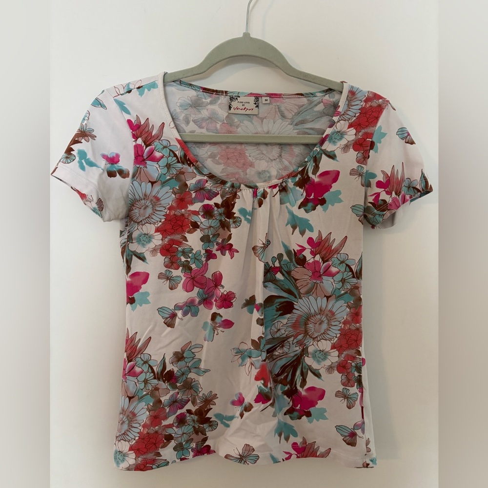 Vintage Danish Brand Jackpot Floral Scoop Neck Short Sleeve Cotton Top Size M